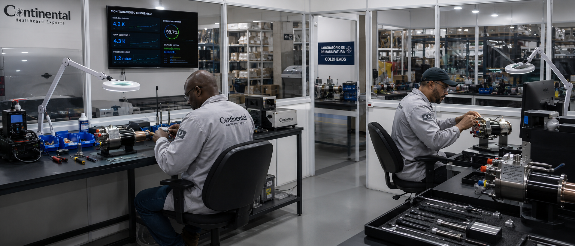 Engenheiros trabalhando em magneto MRI supercondutivo